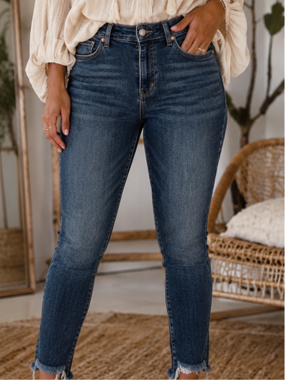 We The Free Blue Denim Jeans with Gold Stitching